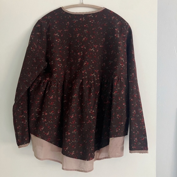 Brown & Rose Floral Button Up Layered Shirt Blouse Top lace BOHO cotton size L - Picture 2 of 6